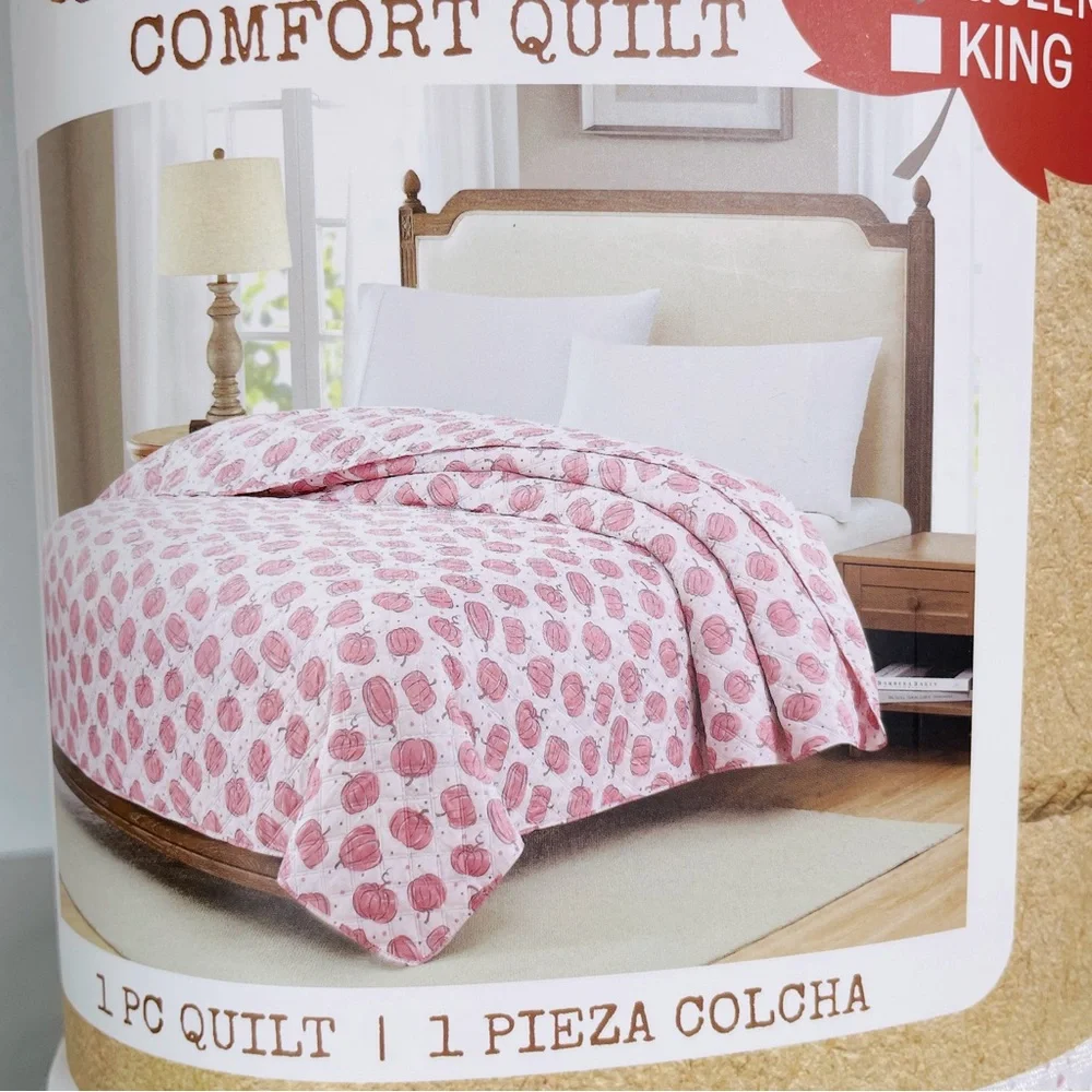 Harvest Comfort Quilt Pink Pumpkins Queen Size Fall Bedding Coverlet White 86x86